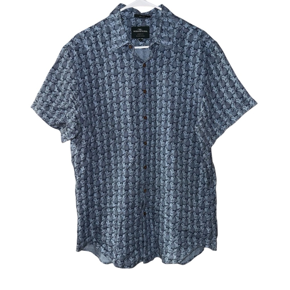 Rodd & Gunn Sports Fit SS Button Down Shirt Blue 100% Linen Pineapples Large